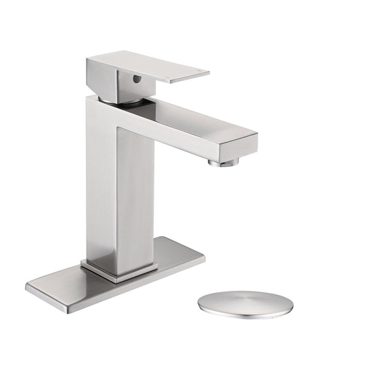 MAYEERTY 1-Hole 1-Handle Stainless Steel Bathroom Faucet with Deckplate & Drain, Brushed Nickel
