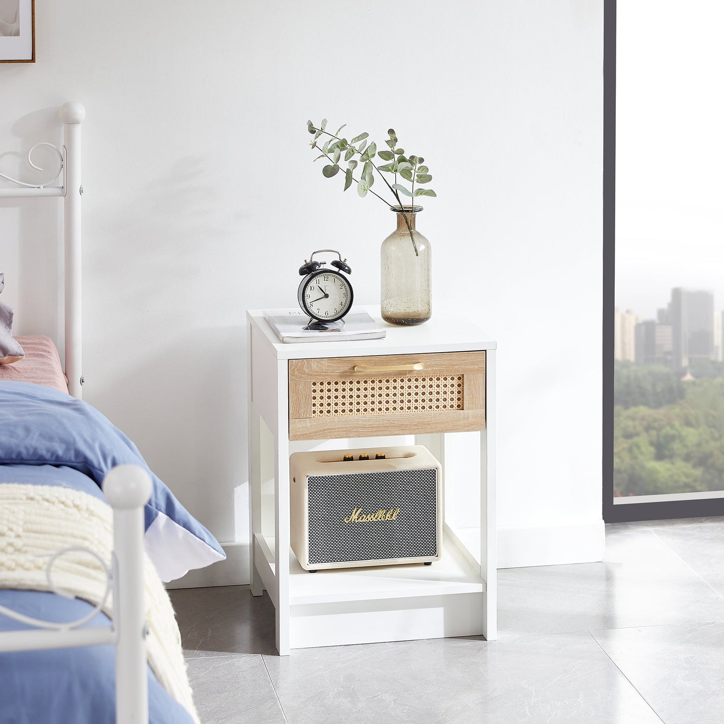 MAYEERTY 15.76" Rattan End Table with Drawer â€“ Modern Nightstand for Living Room, Bedroom, White