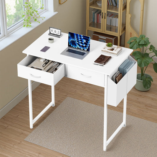 MAYEERTY 32in Adjustable Small Computer Desk, Metal Writing Study Table with Storage and Headphone Hook, Home Office