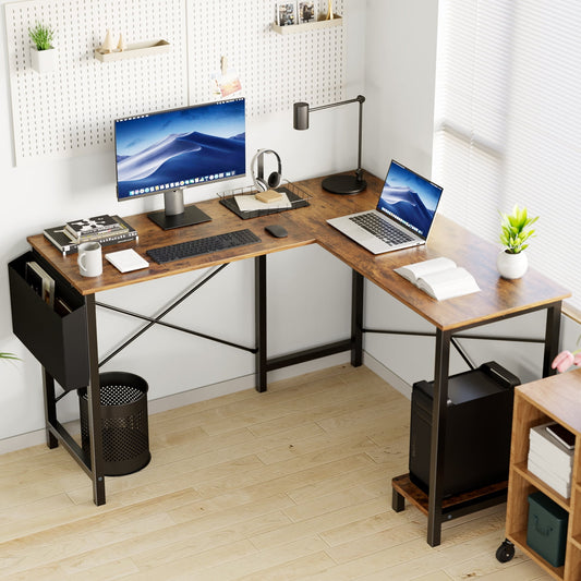 MAYEERTY 50in L Shaped Computer Desk, Wooden Writing Study Table for Home Office with CPU Storage Shelf & Side Bag