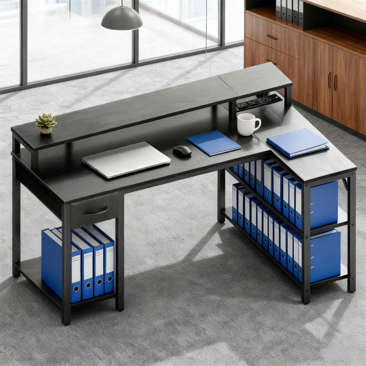 MAYEERTY 53 Inch L-shaped Gaming Table, USB Charging Port & LED Light, Reversible Desk with Power Socket & Monitor Stand