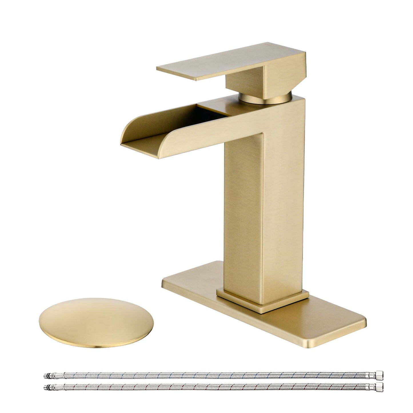 MAYEERTY Brushed Nickel Waterfall Single Handle Bathroom Faucet with Deck Plate & Pop-Up Drain, Brushed Gold