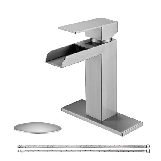 MAYEERTY Brushed Nickel Waterfall Single Handle Bathroom Faucet with Deck Plate & Pop-Up Drain, Brushed Nickel