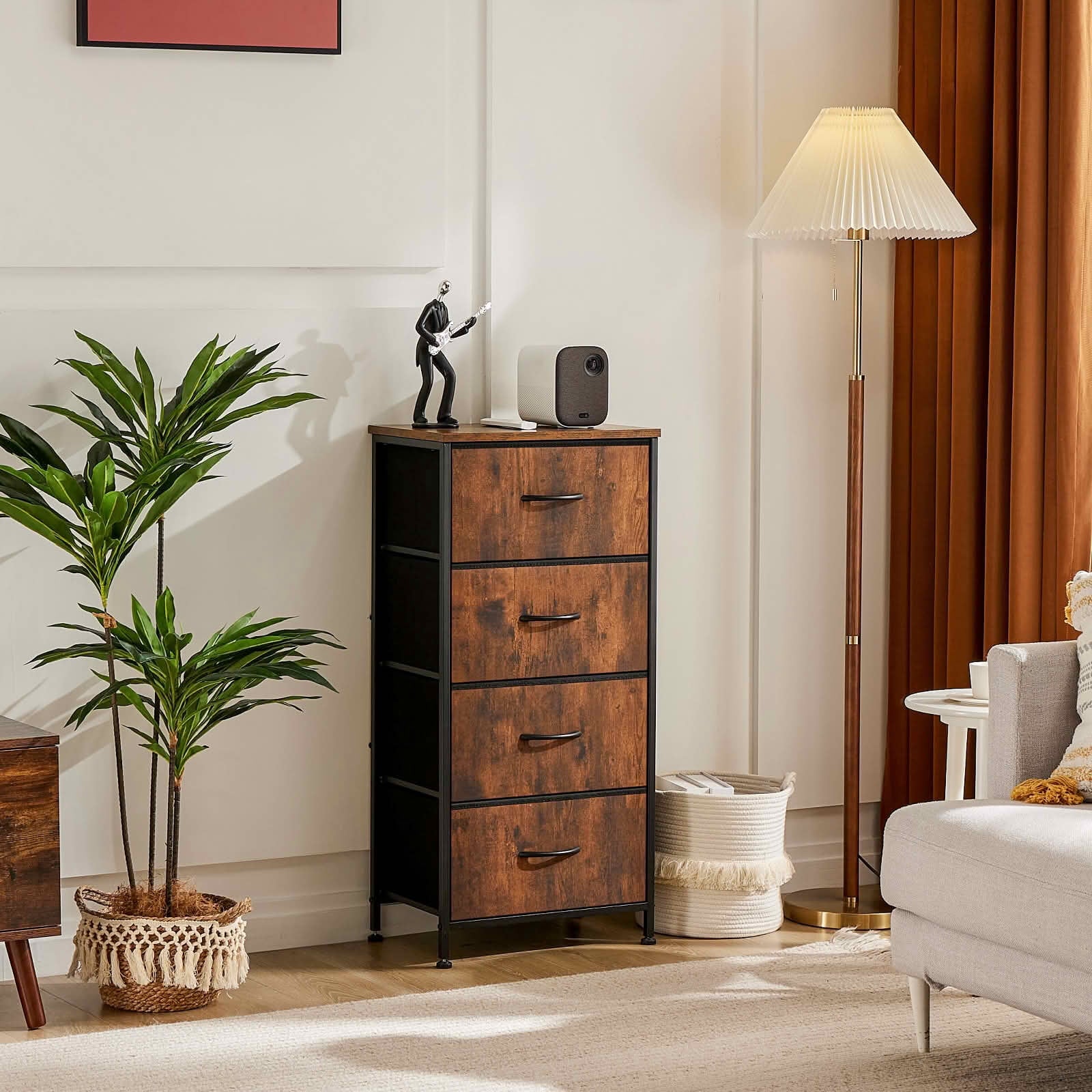 MAYEERTY 4 Drawer Fabric Chest of Drawers, Metal Frame Storage Dresser with Wooden Top, Multifunctional Nightstand for Bedroom Living Room