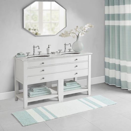 MAYEERTY Medium Pile Cotton Reversible Bathroom Rug, Non-Slip Bath Mat, Aqua, 24"W x 72"L