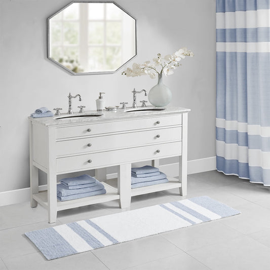 MAYEERTY Medium Pile Cotton Reversible Bathroom Rug, Non-Slip Bath Mat, Blue, 24"W x 72"L