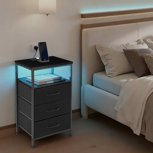 MAYEERTY Nightstand with Charging Station, 3 Fabric Drawers USB/Type-C Ports Outlets, Bedroom End Tableï¼ŒBlack
