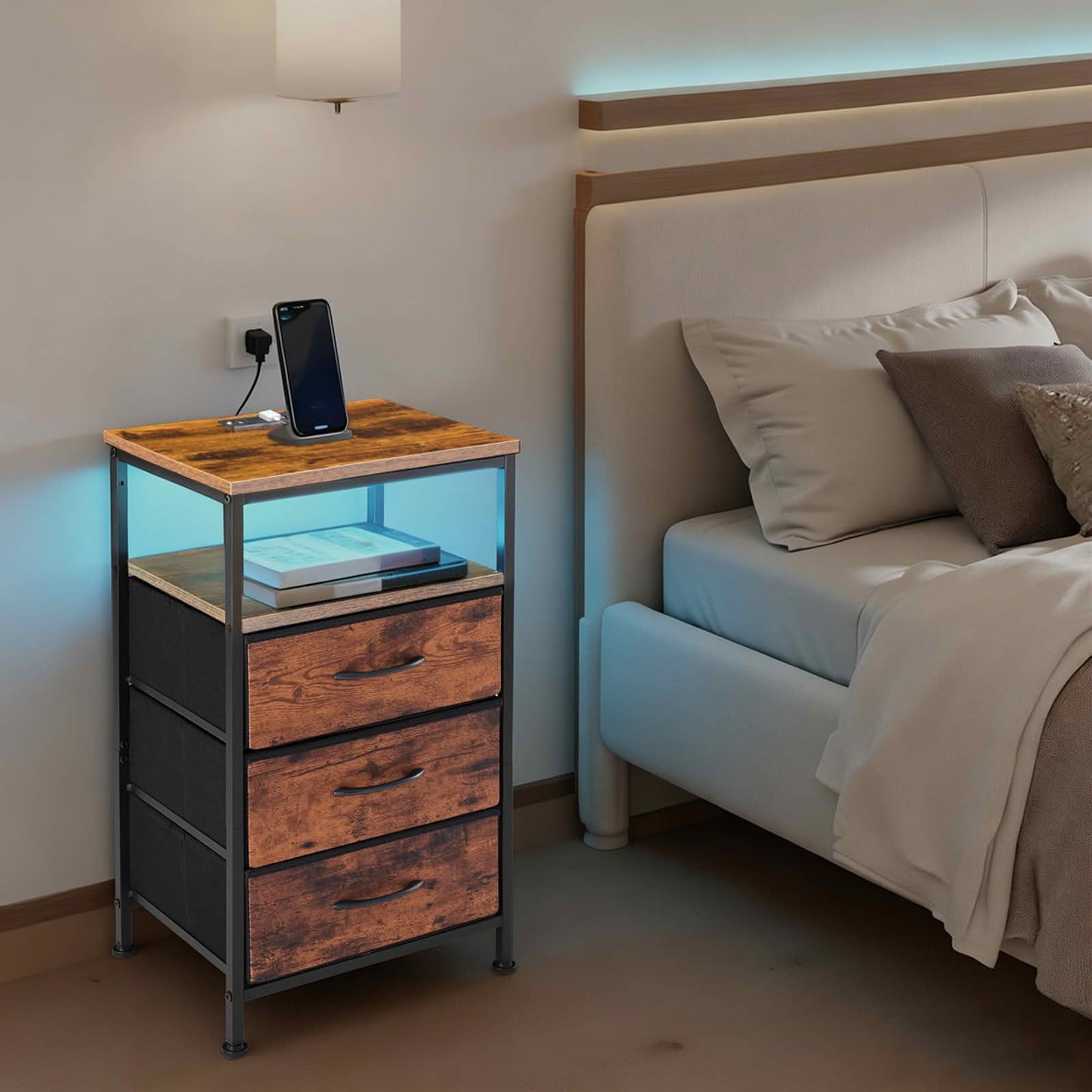 MAYEERTY Nightstand with Charging Station, 3 Fabric Drawers USB/Type-C Ports Outlets, Bedroom End Tableï¼ŒRust