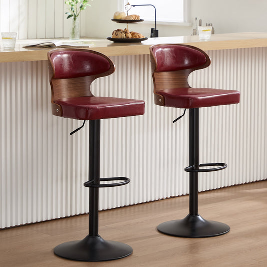 MOONMISS Swivel Bar Stools Set of 2, Wooden Kitchen Bar Chairs with Back, PU Leather Counter Height Barstools for Kitchen Island,Wine Red