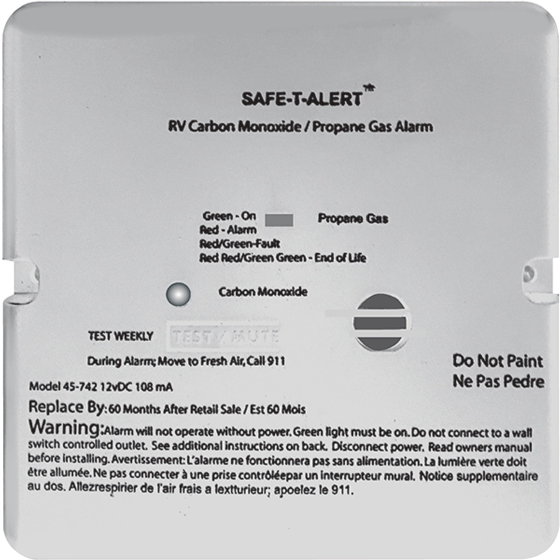 MTI Industries Safe-T-Alert 45 Series Flush Mount Dual RV Carbon Monoxide & Propane Alarm