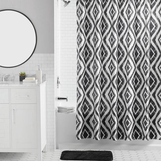 Mainstays 16-Piece Black Diamond Pattern Shower Curtain Bathroom Set â€“ Fabric Curtain with Rug, Hooks, Soap Dispenser & Tray