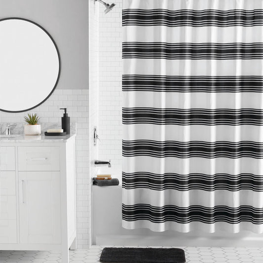 Mainstays 16-Piece Black Stripe Shower Curtain Bathroom Set â€“ Fabric Curtain with Rug, Hooks, Soap Dispenser & Tray