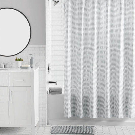Mainstays 16-Piece Grey Diamond Geo Shower Curtain Bathroom Set â€“ Fabric Curtain with Rug, Hooks, Soap Dispenser & Tray