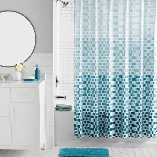 Mainstays 16-Piece Ombre Stripe Shower Curtain Bathroom Set â€“ Blue Fabric Curtain with Rug, Hooks, Soap Dispenser & Tray