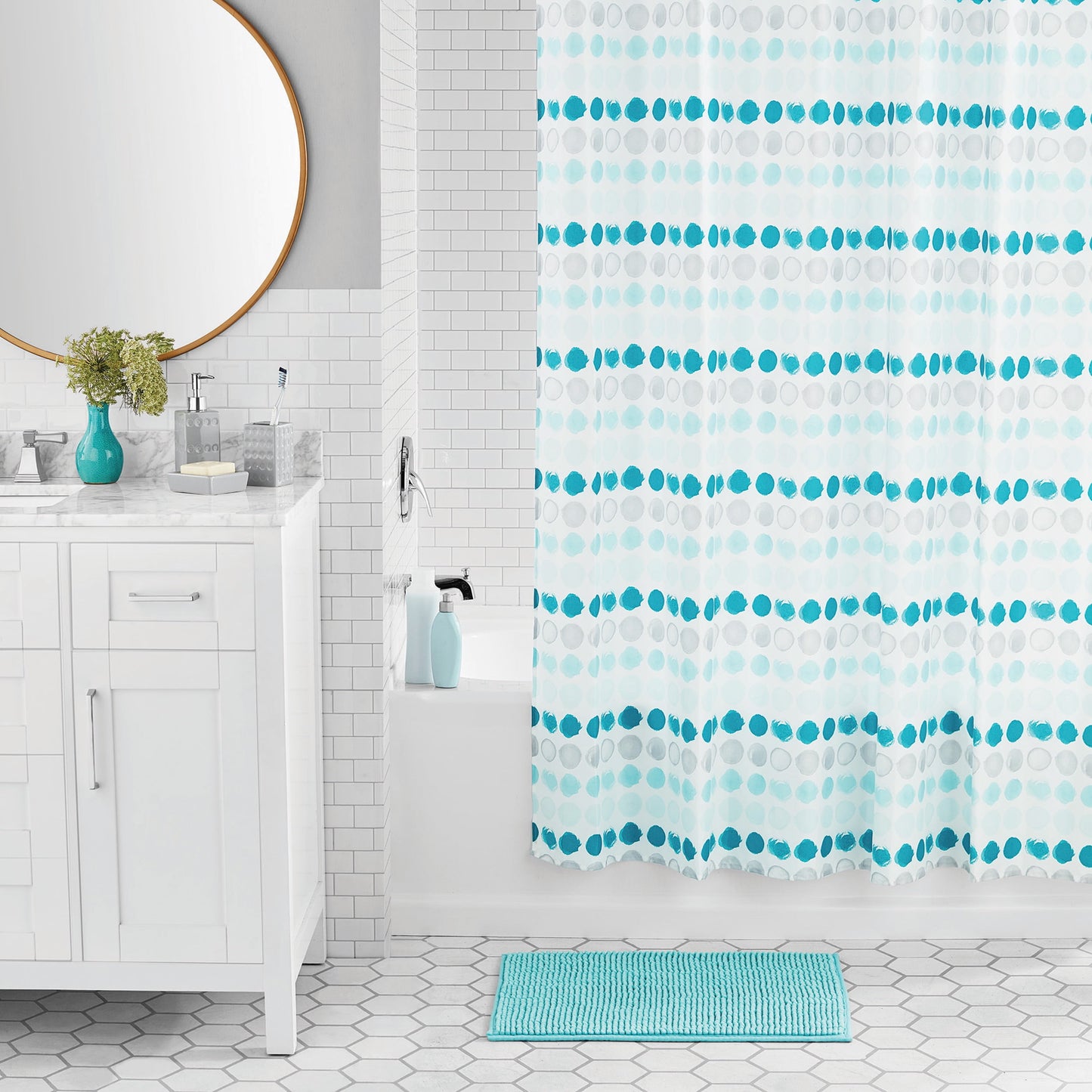 Mainstays Juego de Cortina de Ducha y Cortina de Ducha y Accesorios de BaÃ±o de 17 Piezas de PoliÃ©ster/cerÃ¡mica Estilo Costero, Blanco y Rosa