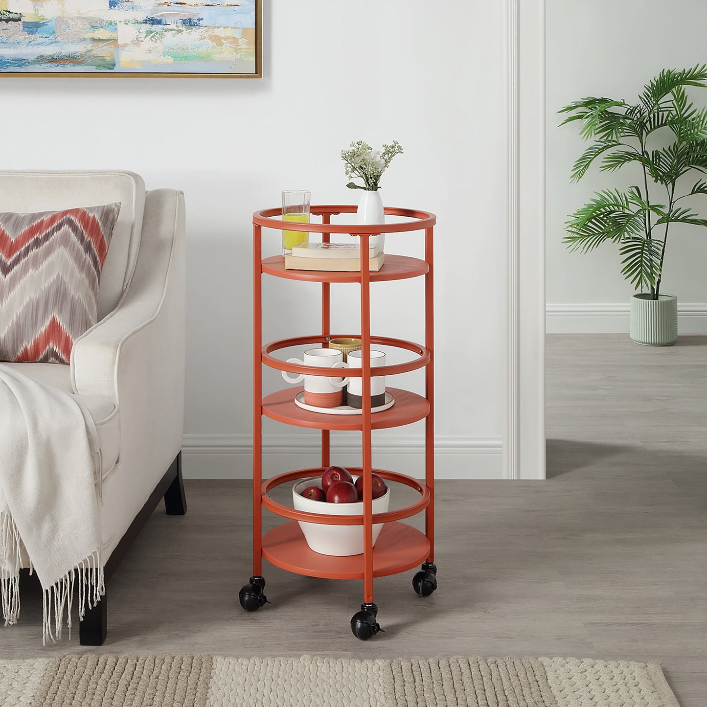 Mainstays  32" 3-Tier Rolling Round Kitchen Storage  Bar Cart, Red