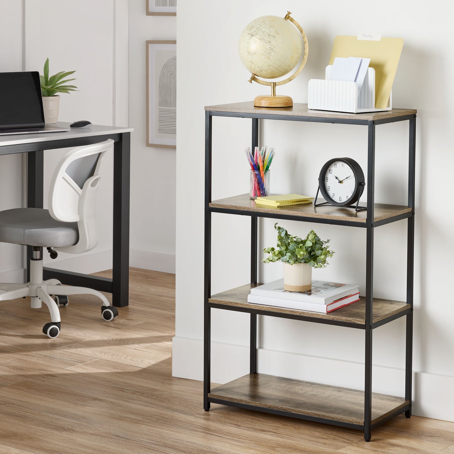 Mainstays 4-Shelf Metal Frame Bookcase, Rustic Brown Finish