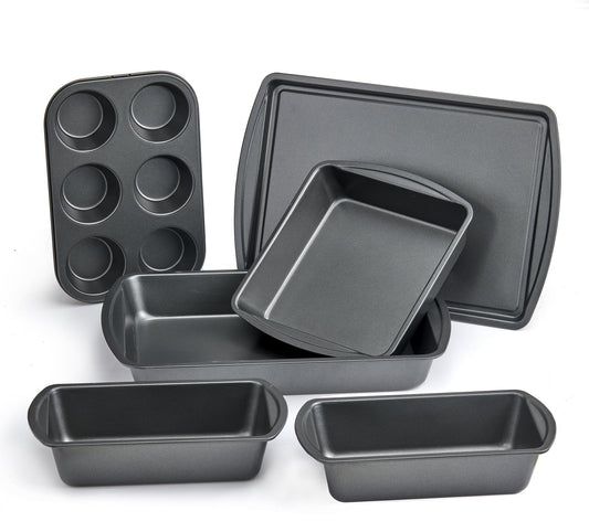 Mainstays 6 Piece Non-Stick Carbon Steel Bakeware Set with Cake, Muffin, Cookie and Loaf Pans, Gray