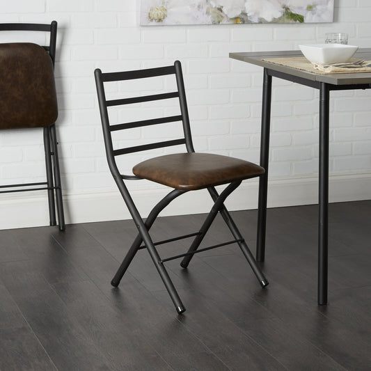 Mainstays Silla Plegable de Listones Negra para Interiores con Asiento de Cuero Vegano MarrÃ³n
