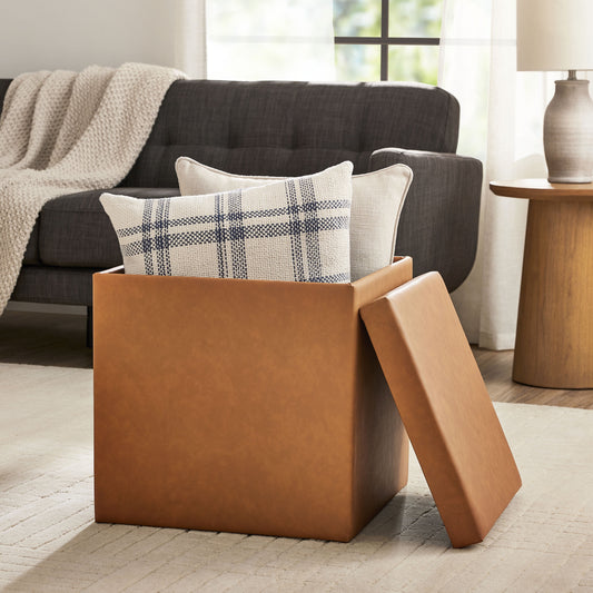 Mainstays Large Cube Storage Ottoman, 20 inch, Camel Faux Leather