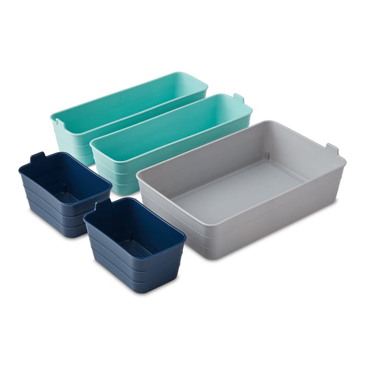 Mainstays Flexible Drawer Storage Organizers, Navy Teal Gray, Set of 5, Case of 6, 30 Piece
