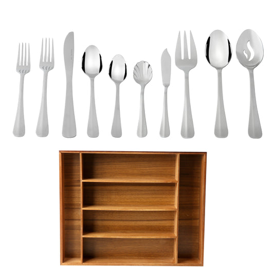 Mainstays Splendent 45 Piece Stainless Steel Flatware Set with Wooden Tray Organizer, Service for 8 Adults