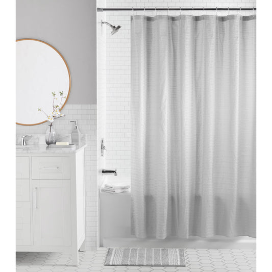 Mainstays 16-Piece Blue Textured Solid Shower Curtain Bathroom Set â€“ Fabric Curtain with Rug, Hooks, Soap Pump & Tray