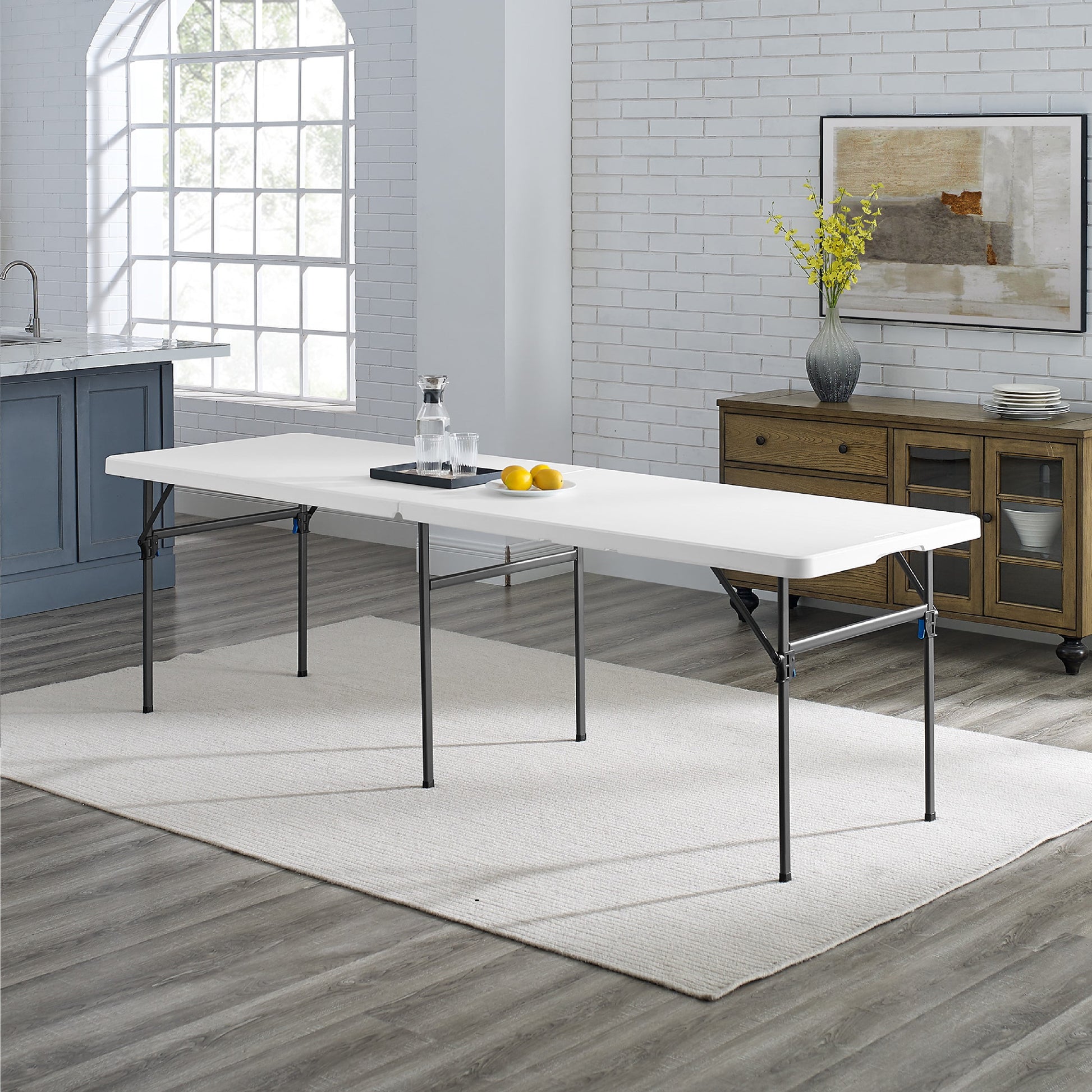Mainstays White 8 Foot Folding Plastic Table, Heavy Duty, Easy-Fold, Indoor Outdoor, Scratch Resistant, Stain & UV Damage