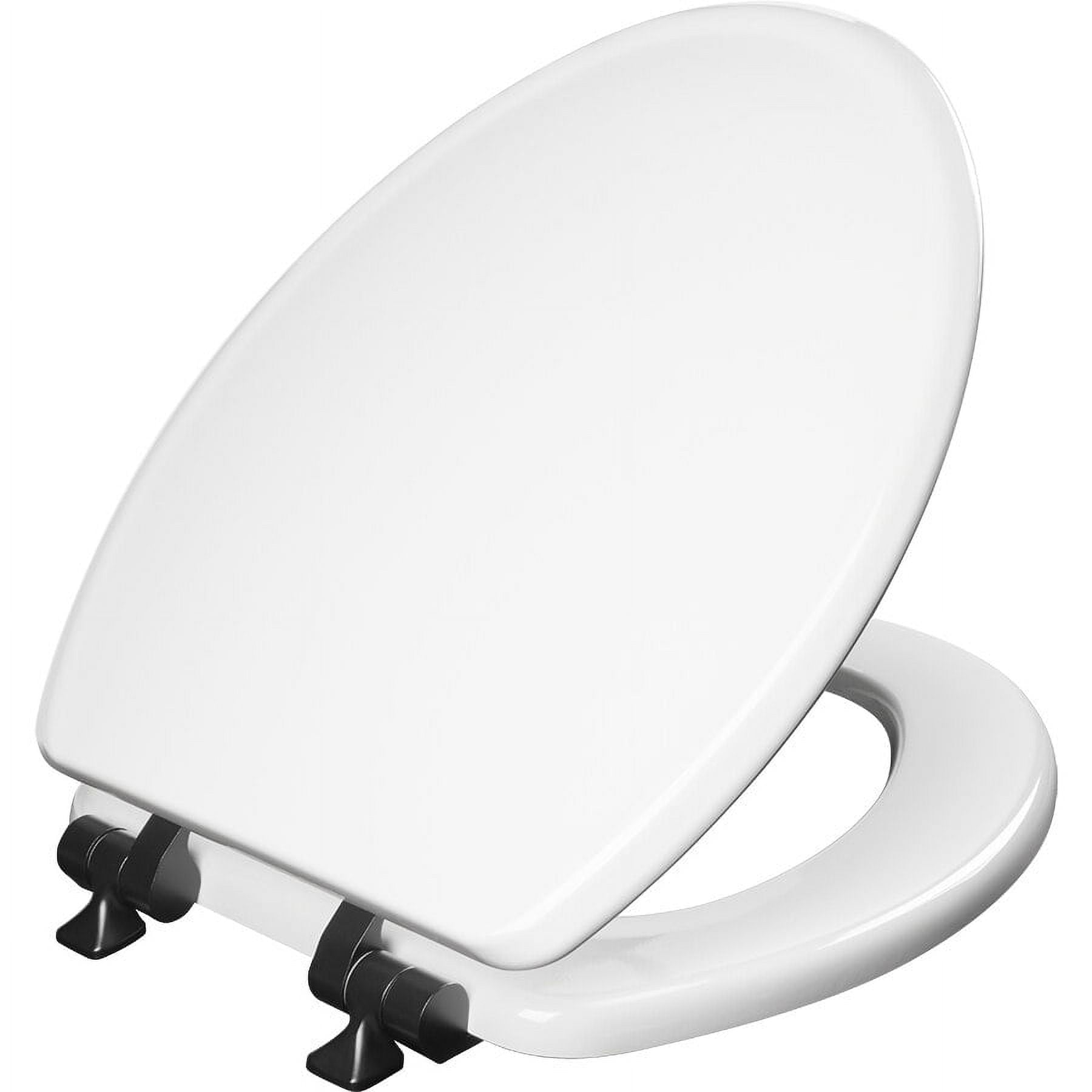 Mayfair BentonÃ‚Â®Elongated Enameled Wood Toilet Seat in White with Never Loosens and Soft Close Matte Black Hinge