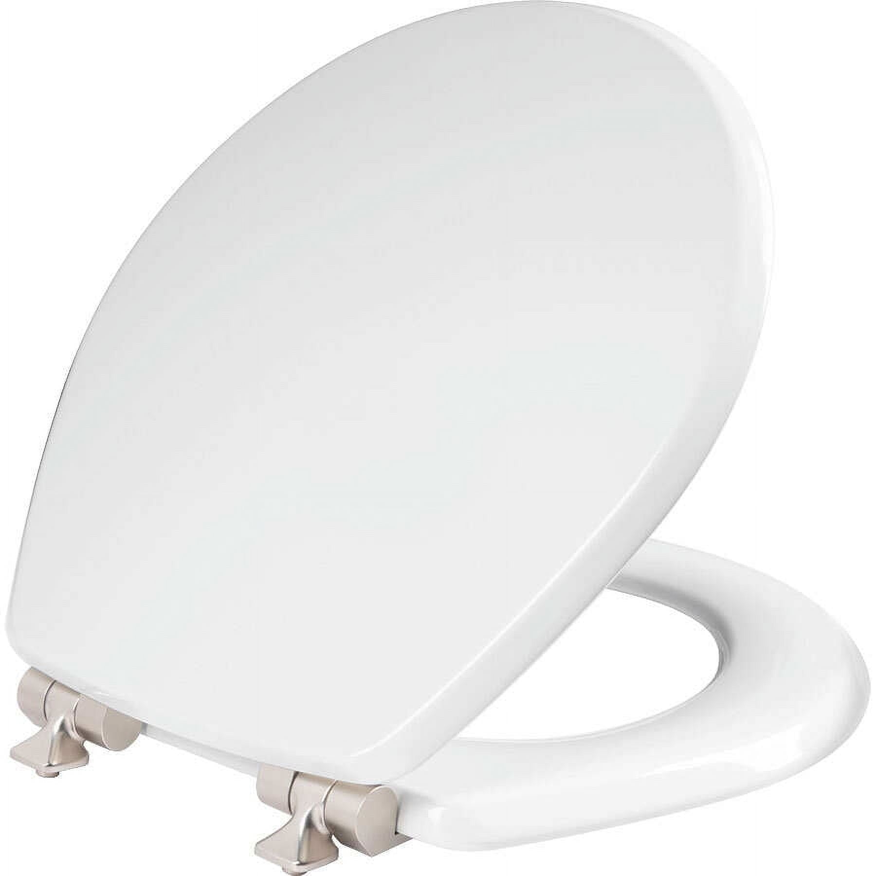 Mayfair BentonÃ‚Â® Round Enameled Wood Toilet Seat in White Never Loosens and Soft Close Crushed Nickel Hinge