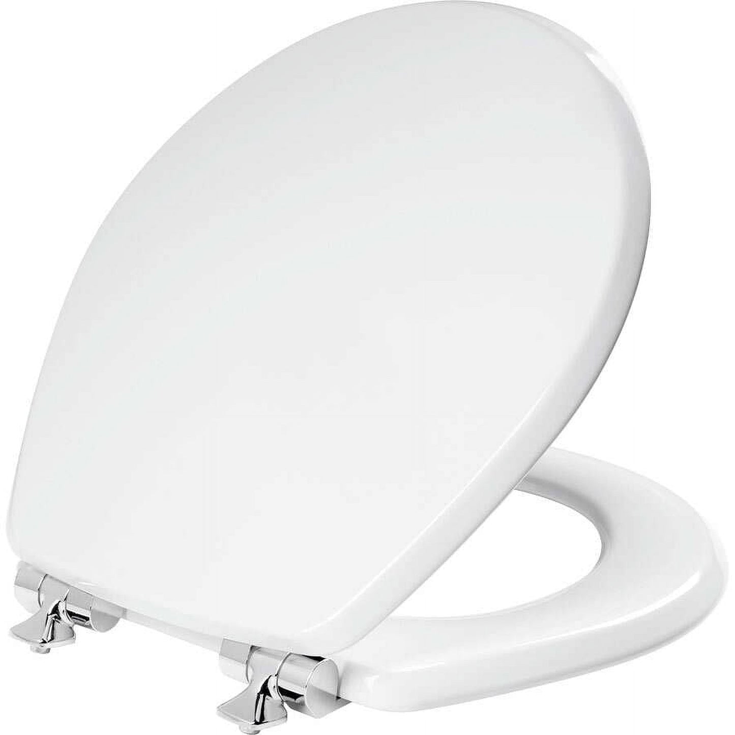 Mayfair BentonÂ® Round Enameled Wood Toilet Seat in White Never Loosens and Soft Close Chrome Hinge