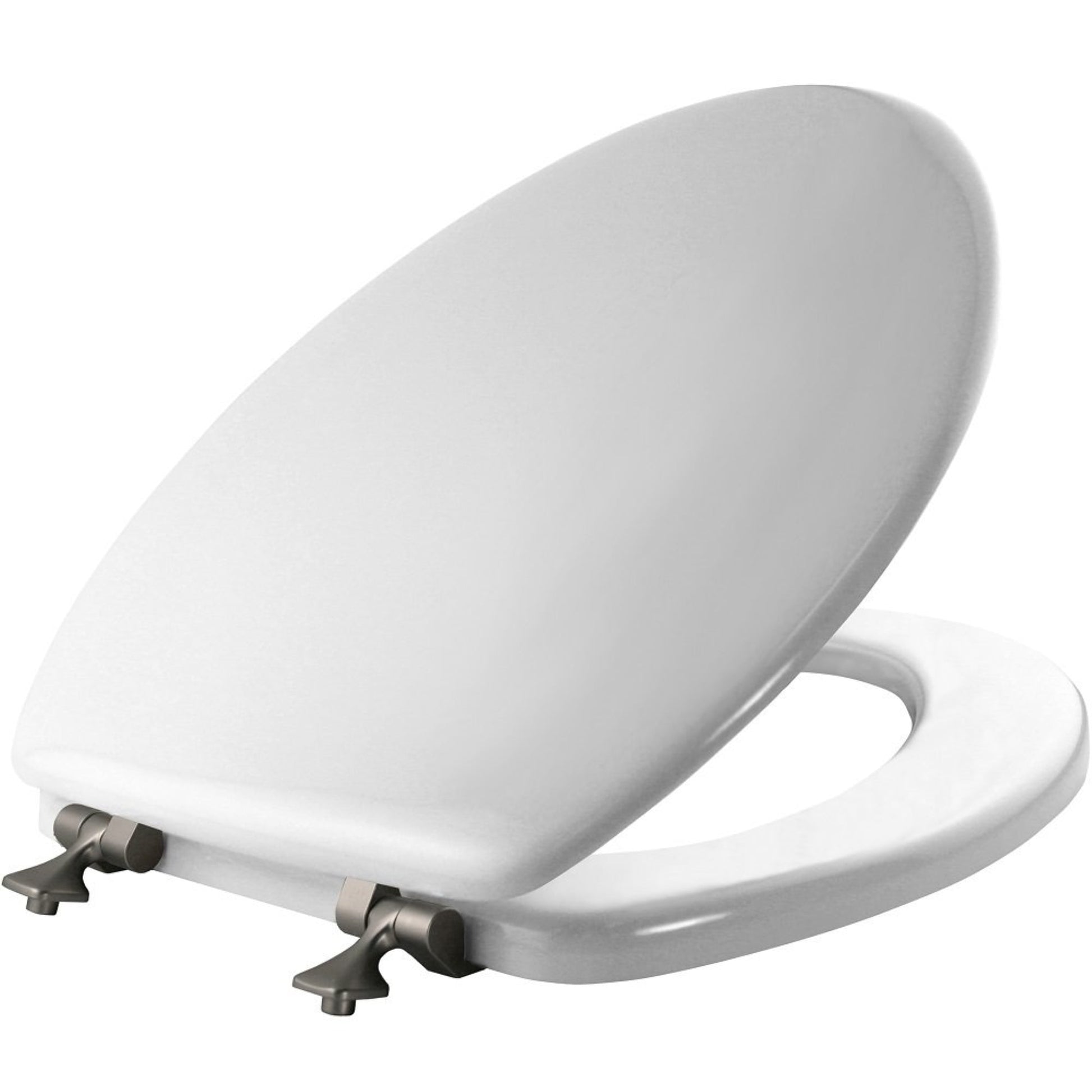 Mayfair Edgewater Elongated Enameled Wood Toilet Seat in White Never Loosens with Brushed Nickel Hinge