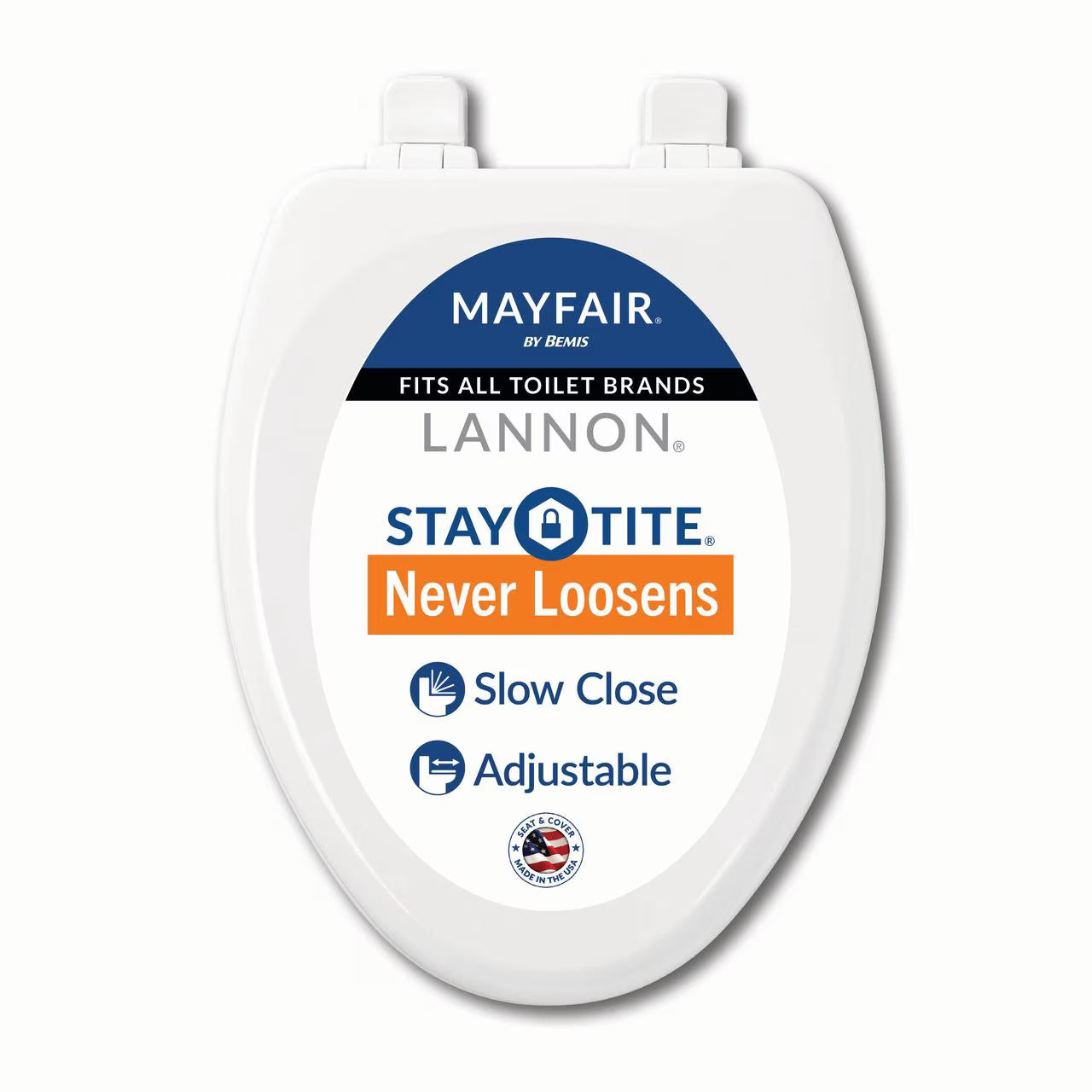 Mayfair LannonÂ® Slow Close Elongated Enameled Wood Toilet Seat in White Adjustable and Never Looosens