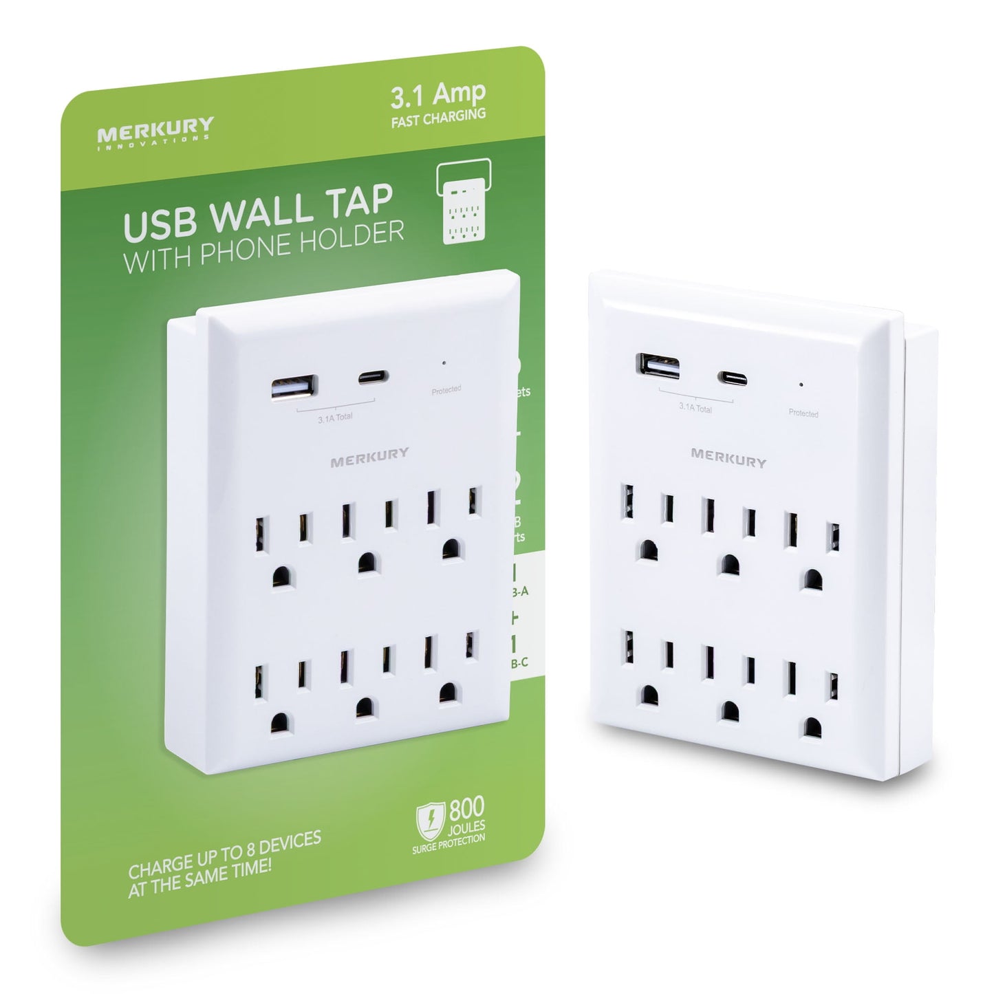 Merkury Innovations Wall Tap with Phone Holder, 6 AC Outlets, USB-a and USB-C Ports, 800J Surge Protection