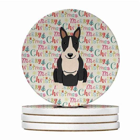 Merry Christmas Bull Terrier Black White Large Sandstone Coasters Pack of 4 4 in x 4 in
