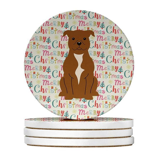 Merry Christmas Staffordshire Bull Terrier Brown Large Sandstone Coasters Pack of 4 4 in x 4 in