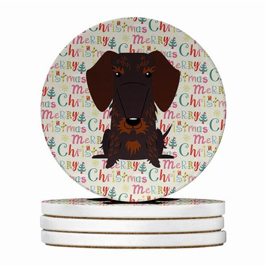 Merry Christmas Wire Haired Dachshund Chocolate Large Sandstone Coasters Pack of 4 4 in x 4 in