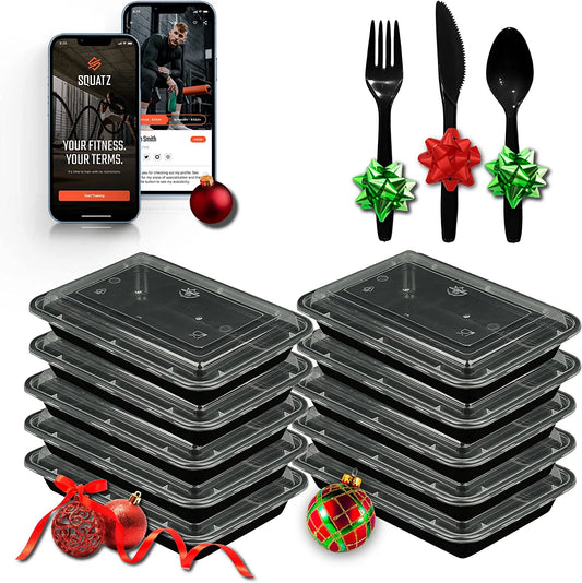 Contenedor de Alimentos para Microondas con Juego de Utensilios - Caja de Almacenamiento Rectangular Negra con Tapas, Utensilios Reutilizables, Cuchara, Tenedor y Cuchillos (Negro)