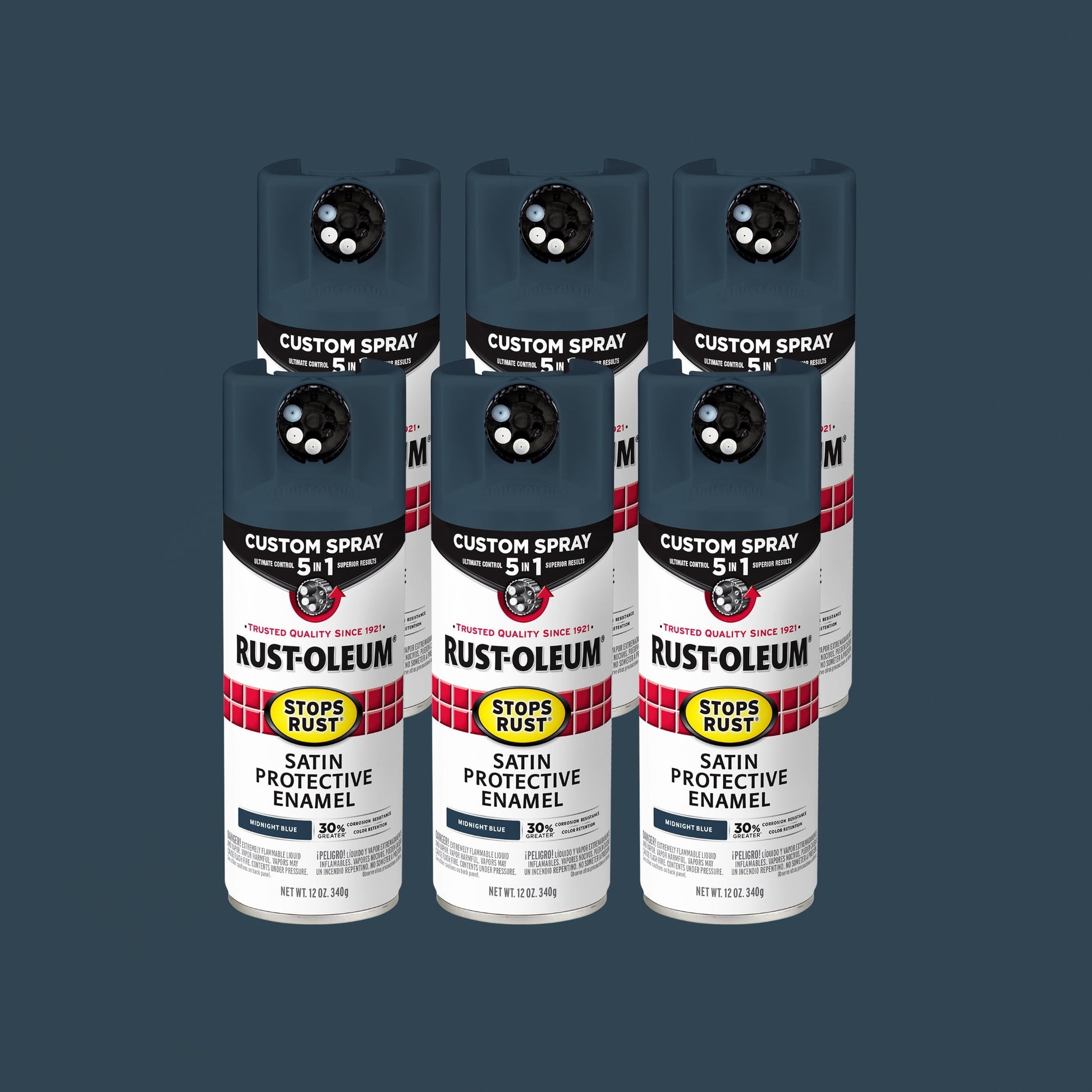 Paquete de 6, Azul Medianoche, Rust-Oleum Detiene el Ã“xido Aerosol Personalizado 5 en 1 Pintura en Aerosol Satinada-383422, 12 oz
