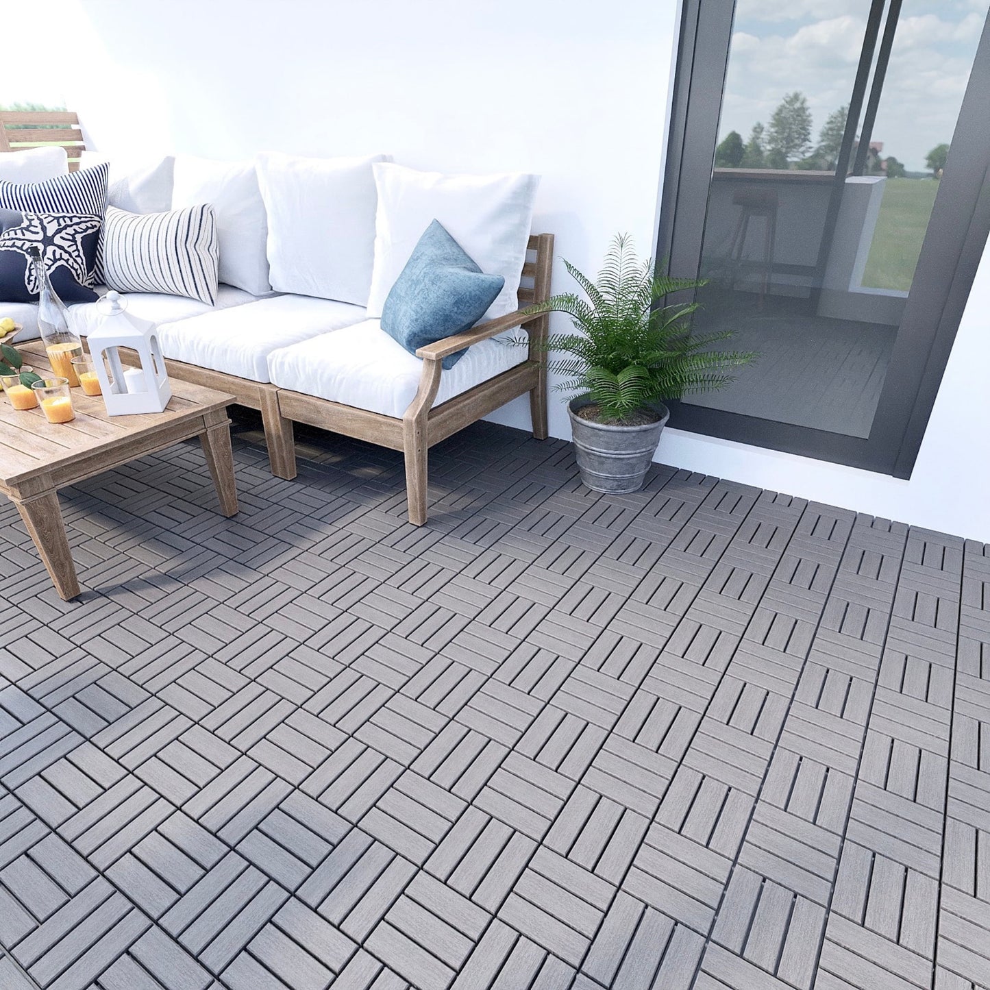 Miniyam 10 Pcs Interlocking Deck Tiles, Acacia Solid Wood, 12x12 inch, Outdoor Garden, Light Gray
