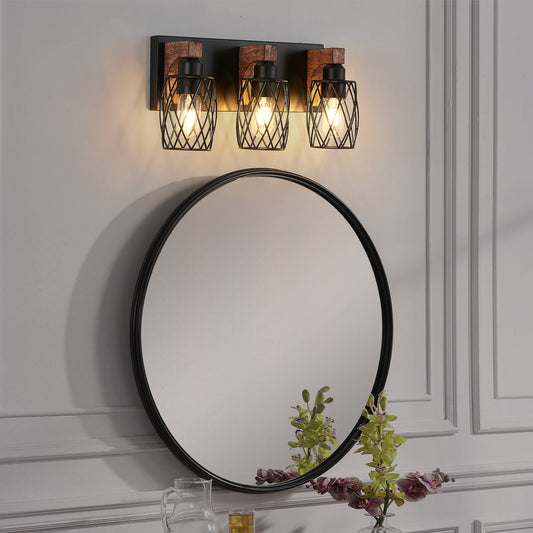 Miniyam 17.5 in. W 3 Lights Vanity Light Industrial Walnut Black Wall Sconce Black Cage Lighting Fixture for Bathroom Over Mirror, E26, No Bulbs Included