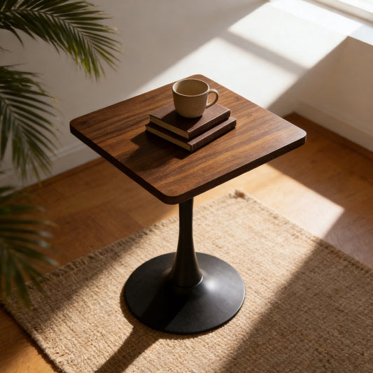 Miniyam 24" Small Square Dining Table for 2, Tulip Pedestal Kitchen Bistro Breakfast Table, Walnut Finish Top, Black Base