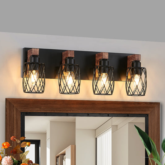 Miniyam 24 in. W 4 Lights Vanity Light Industrial Walnut Black Wall Sconce Black Cage Lighting Fixture for Bathroom Over Mirror, E26, No Bulbs Included