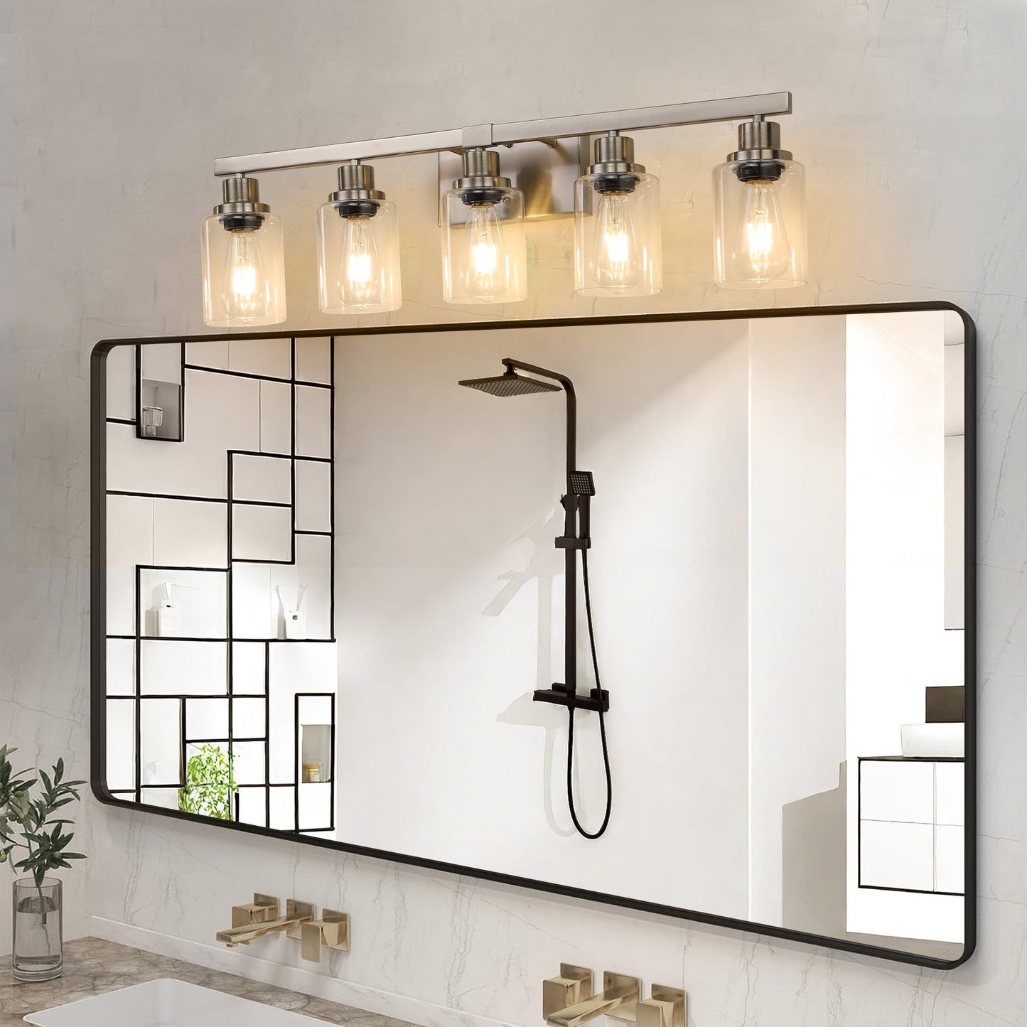 Miniyam 31 in. W Modern 5-Light Bathroom Vanity Light Fixture, Brushed Nickel Finish Wall Sconce with Clear Glass Shades for Mirror, Bathroom, Bedroom, and Hallway (No Bulbs)