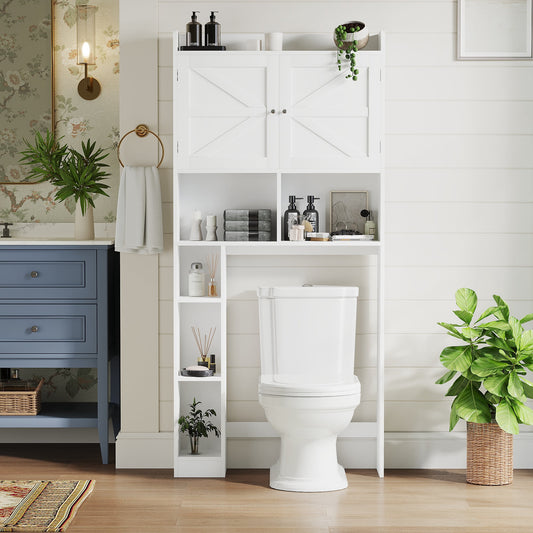 Mintazer Farmhouse Over-The-Toilet Storage Cabinet with 2 Doors & Open Shelves, Freestanding Bathroom Organizer with Adjustable Shelf, White