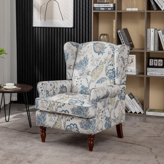 Modern Accent Chair with Wood Legs,Retro Upholstered Armchair Single Sofa Chair Reading Accent Chair for Living Room Bedroom Office,Floral Blue