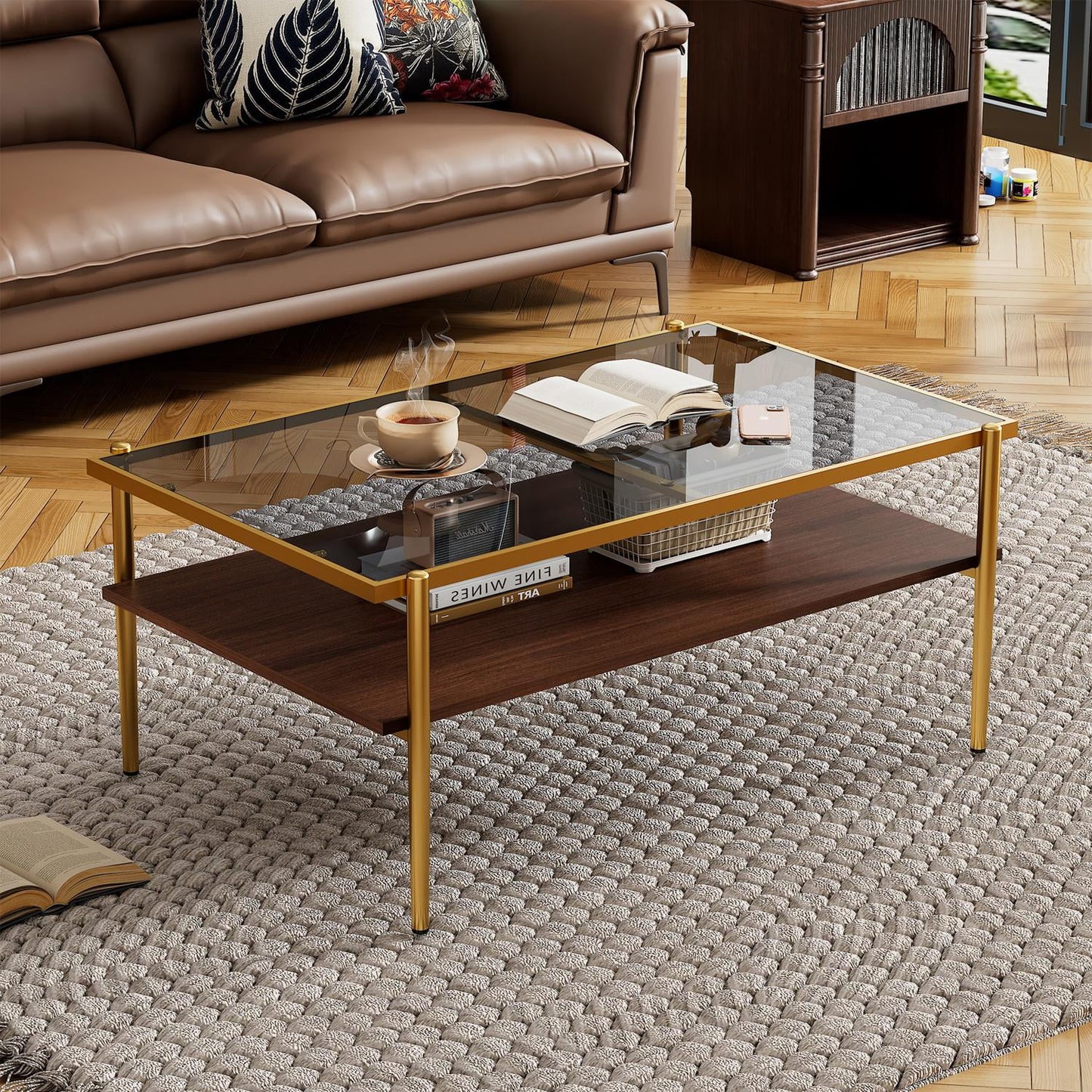 Modern Coffee Table, Tempered Glass Tabletop, Rectangle Coffee Table with Sturdy MDF Base and White Iron Legs, Easy Assembly Living Room Furniture, 38.39 Inch Length, Gray Color