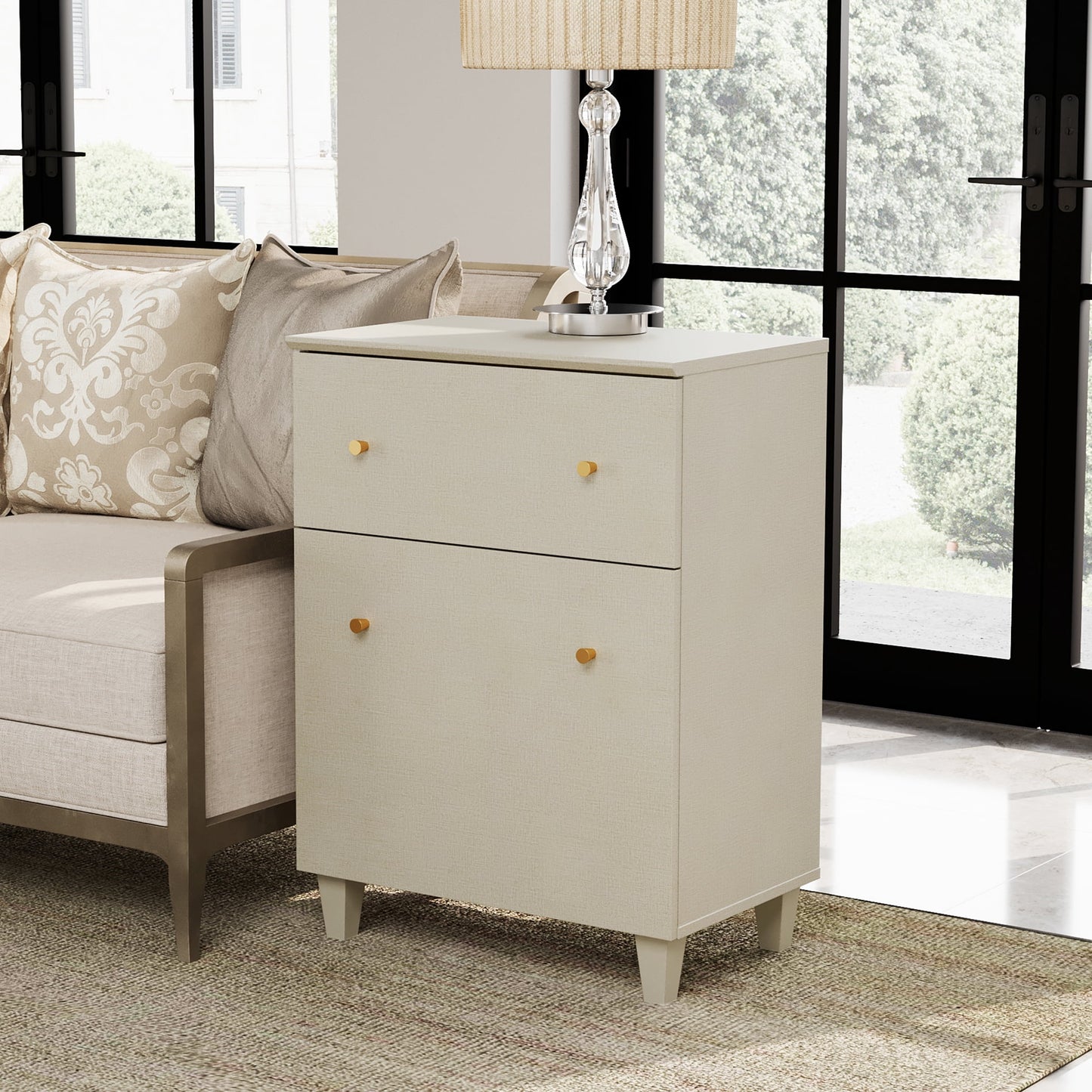 Modern End Table with Drawer and Cabinet, Large Side Table with Adjustable Storage Shelf, Wooden Nightstand for Living Room, Beige Linen Printed