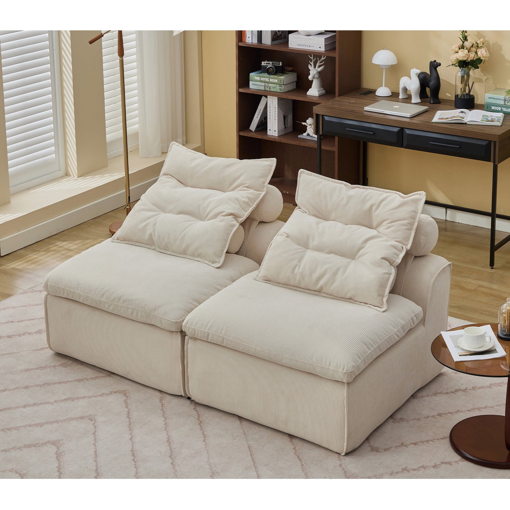 Modern Loveseat Sofa,Modular Sofa Couch,Corduroy 2-Seater Cloud Couch,Reading Lounge Sofa Chair for Small Spaces,Living Room,No Armrests,At will DIY,Beige