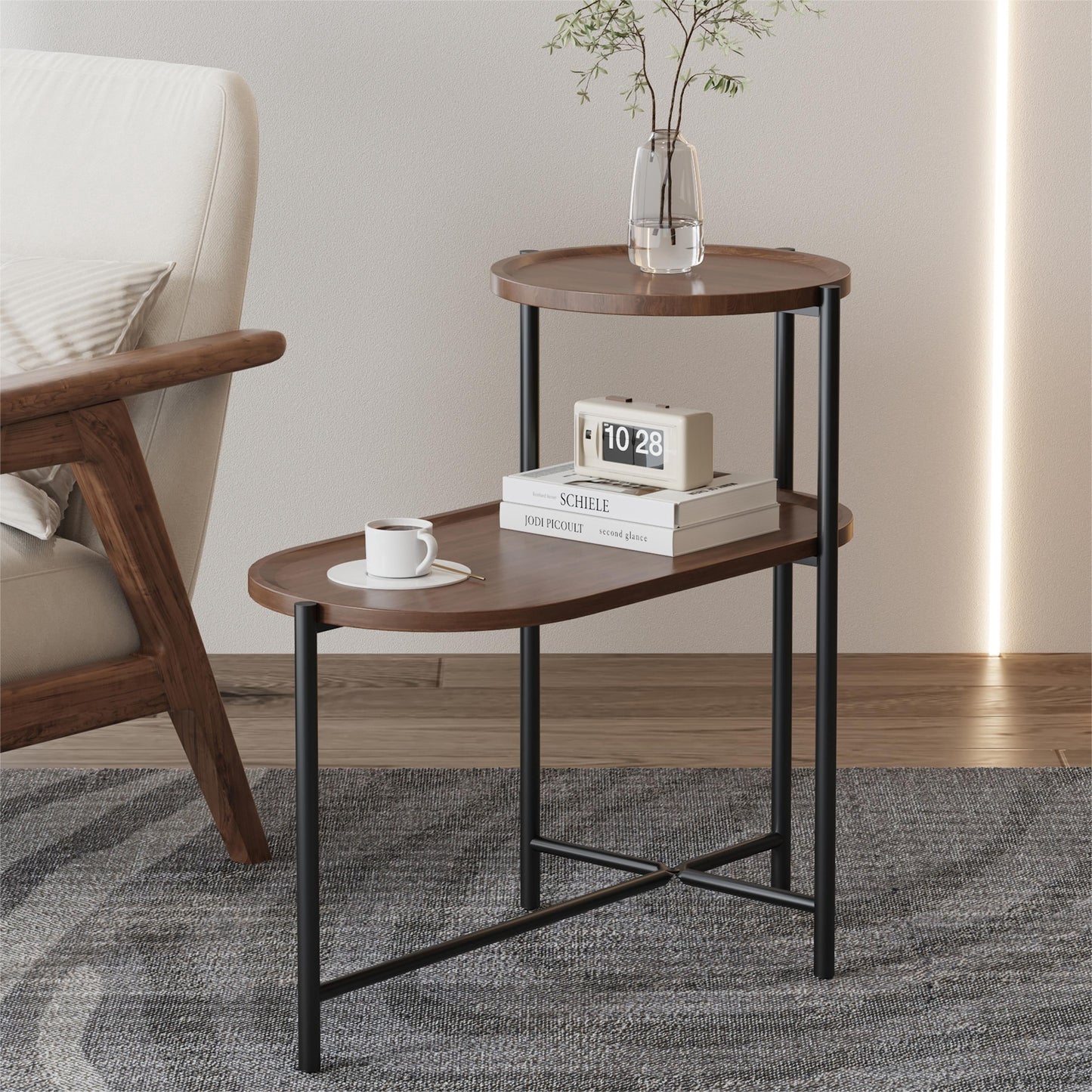 Mesa Auxiliar de SofÃ¡ Moderna, Mesa de Centro PequeÃ±a, Mesita de Noche con Estante de Almacenamiento de Madera para Sala de Estar, MarrÃ³n